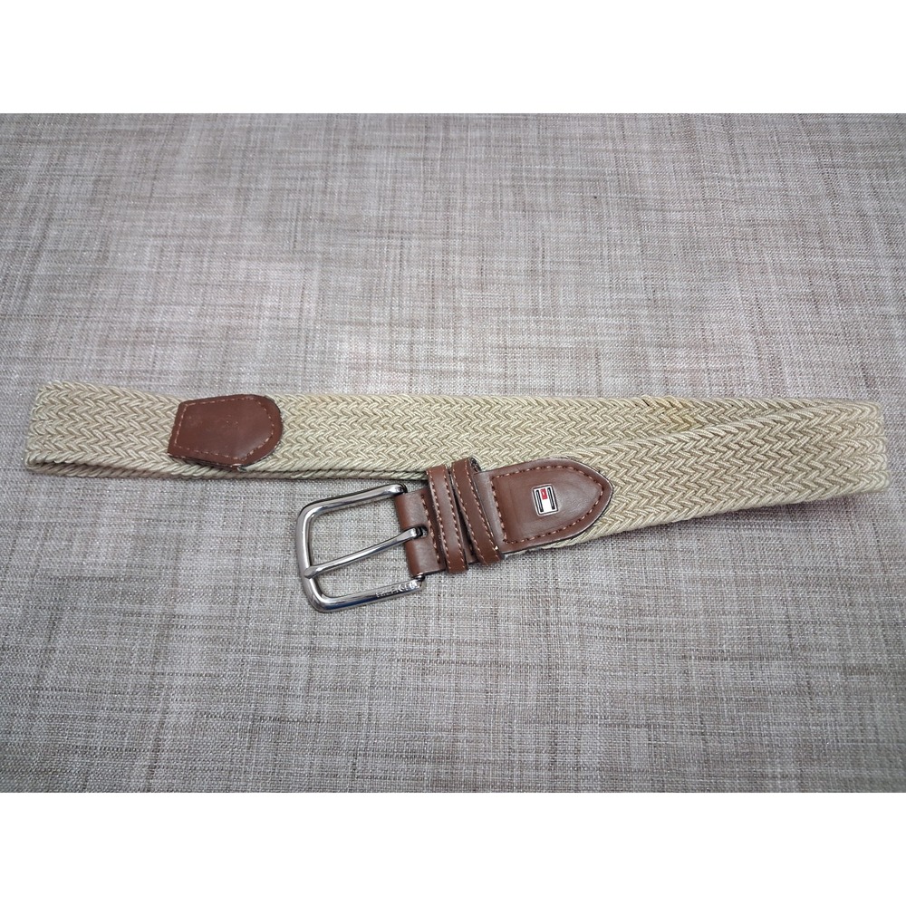 Tommy Hilfiger Mens Khaki Tan Braided Stretch Belt Brown Leather Trim Lg 40-42‎